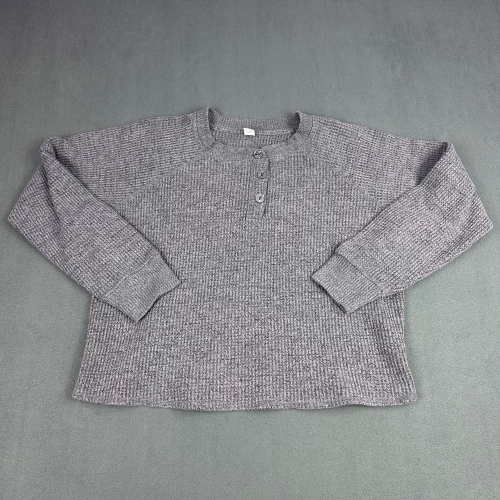 Old Navy Womens Gray Waffle Knit Henley Top Long Sleeve Raglan Size L